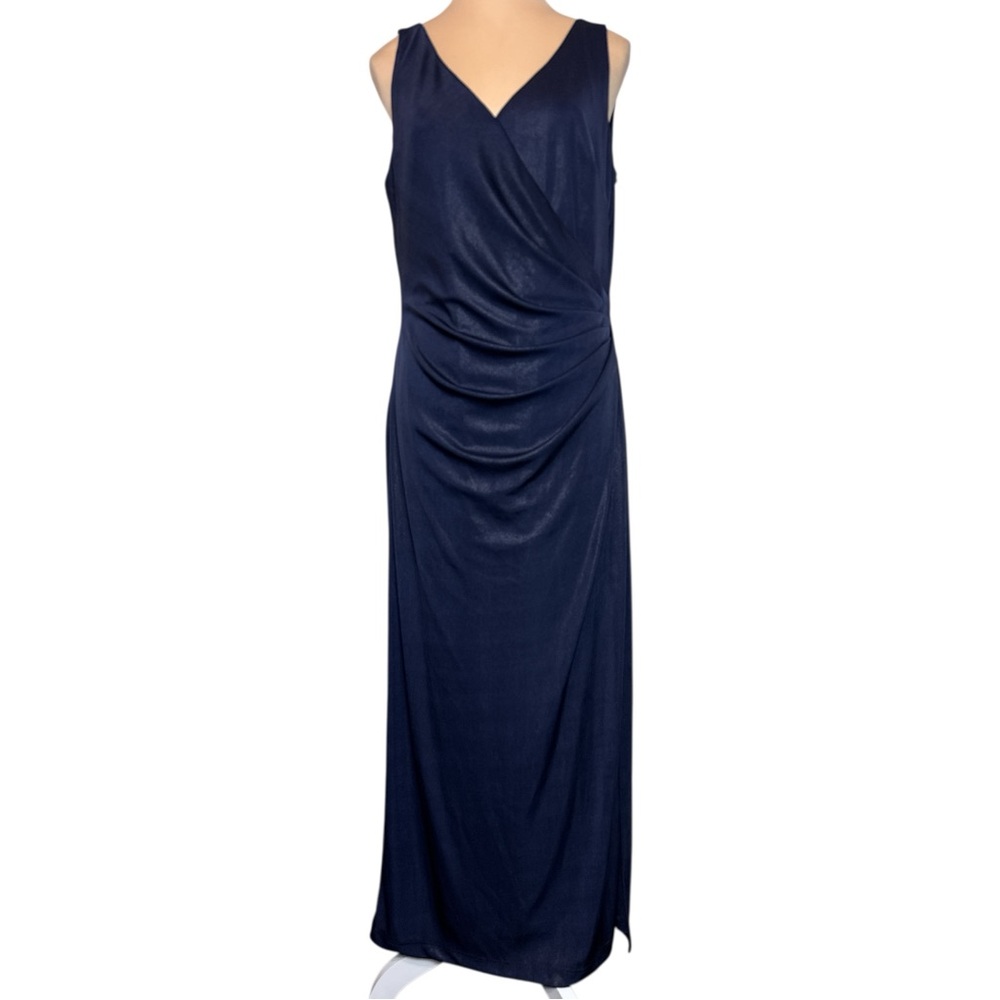 Lauren Ralph Lauren Navy Shimmer Ruched Faux Wrap Maxi Dress Sz 12 Evening Gown
